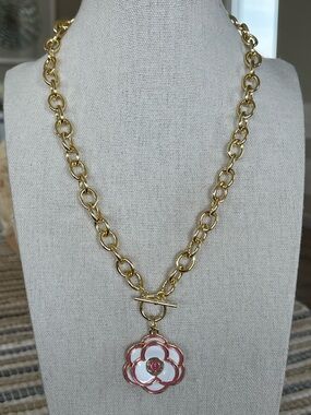 Upcycled Authentic Stamped Chanel Camellia Pendant on 14K Gold Plated Necklace